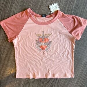 NWT Bon Jovi raglan baby tee sz L - pink